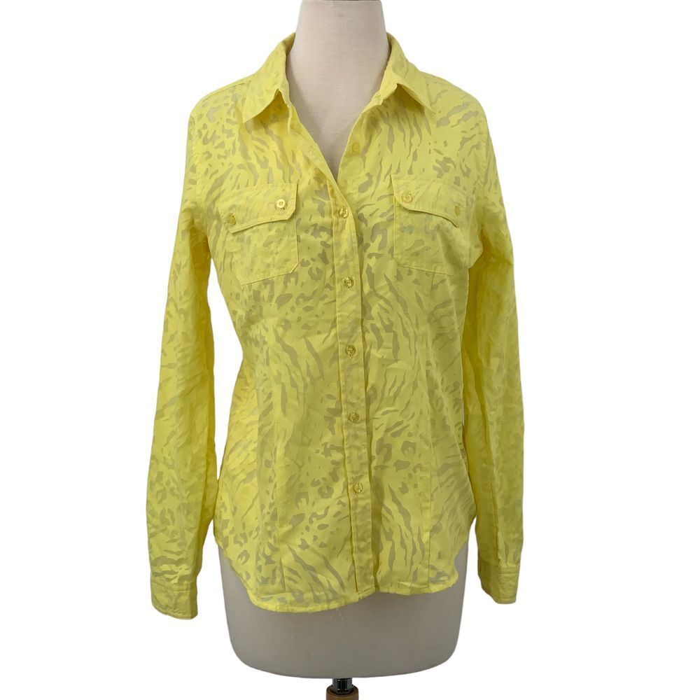 Calvin Klein Long Rolled Sleeve Button Down Yellow Animal Print Shirt Sz M READ
